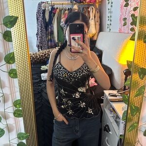 Body Central Blouse Black With Rhinestone Design Size Xs/S